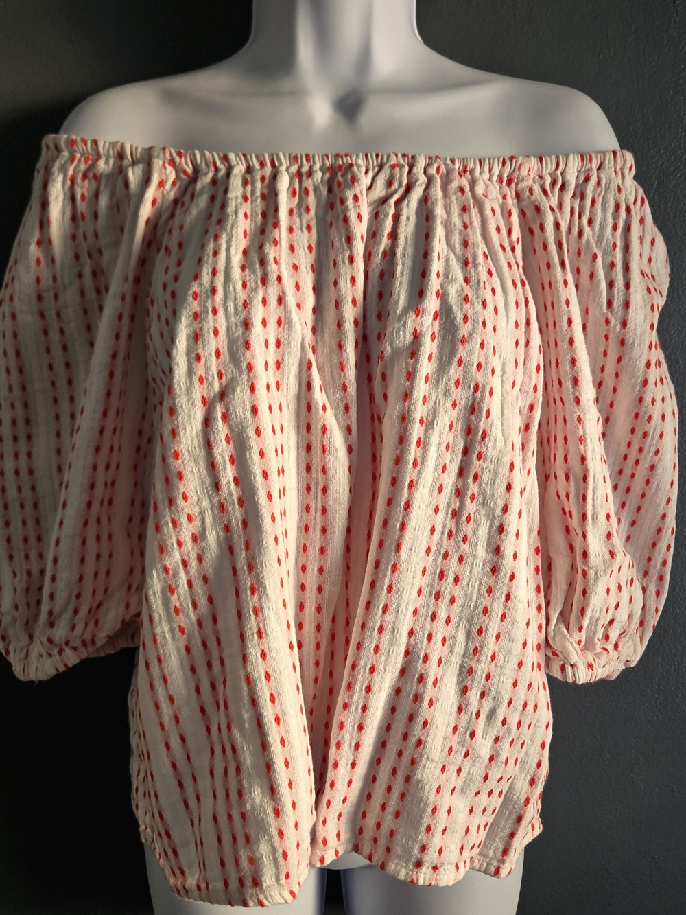 Cotton Puff Sleeve Smocked Boho Chic Red & White Off Shoulder Blouse M
